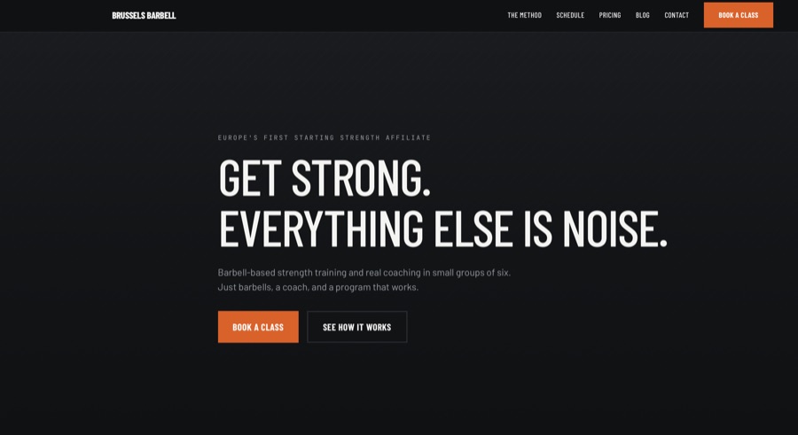 Brussels Barbell homepage — headline 'Get strong. Everything else is noise.' with a Book a class button
