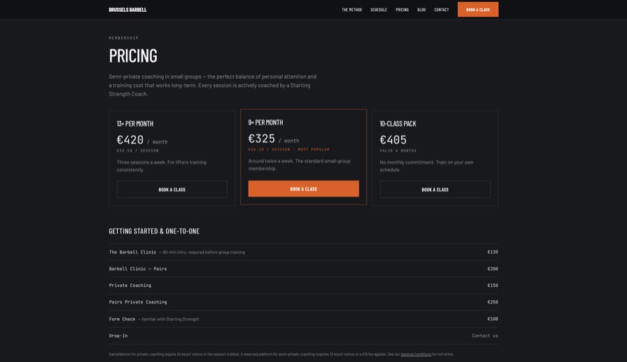Brussels Barbell pricing page with membership tiers and class booking