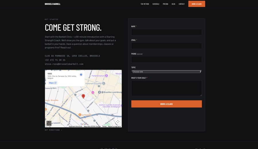 Brussels Barbell contact page with sign-up form and location map